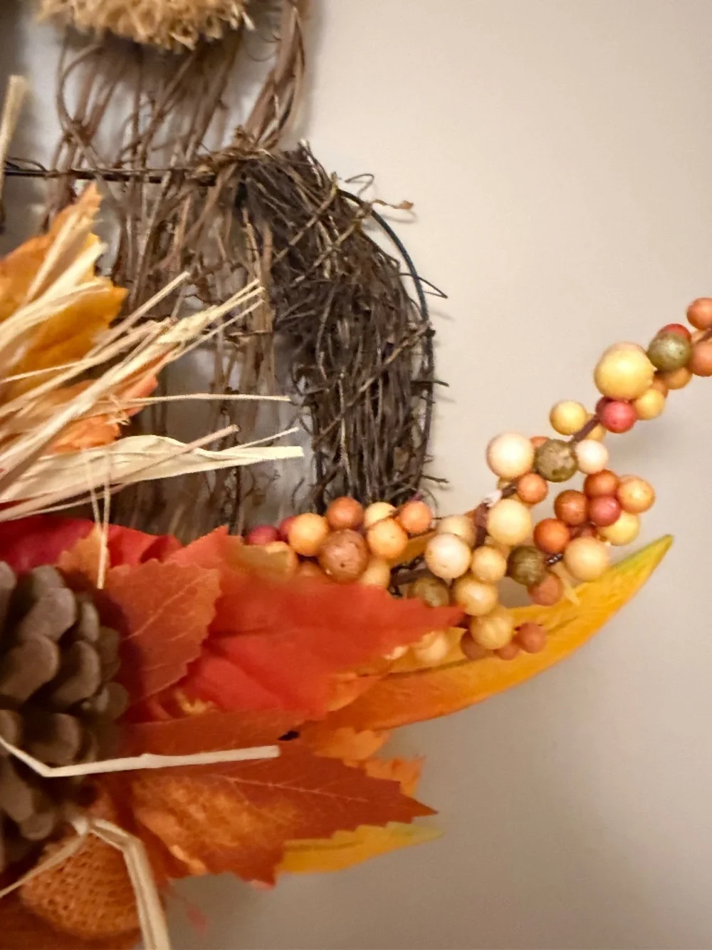 Rustic Fall Owl Grapevine Wreath 16in Autumn Harvest Pumpkin Berries - FALL